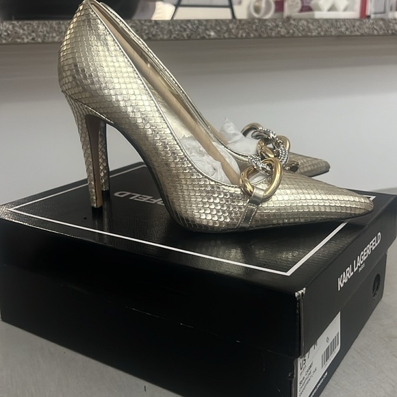 KARL LAGERRFELD CARMY CHAMPAGNE SNAKE-PRINT LEATHER 7 STILETTOS - Picture 4 of 11